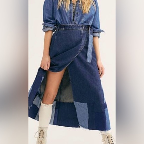 BNWT!! WE THE FREE Denim Patchwork Wrap Skirt - Picture 1 of 13